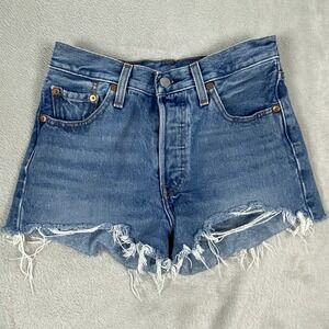 Levis 501 Jean Shorts Womens 25 Blue‎ Cut Off Denim Distressed High Rise 2017